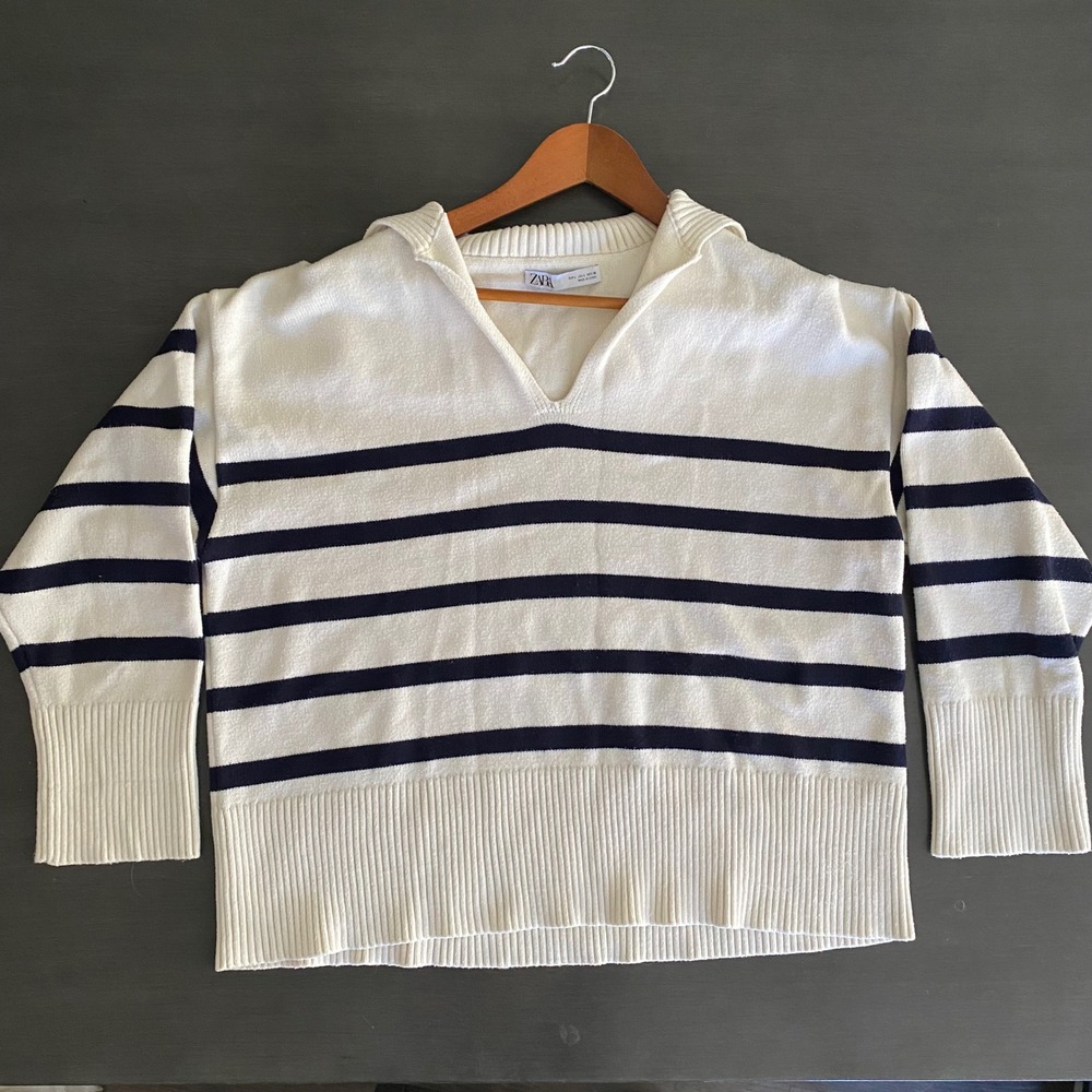 Zara Striped Knit Sweater Cream Black striped Polo Neck Relaxed Box Fit Large